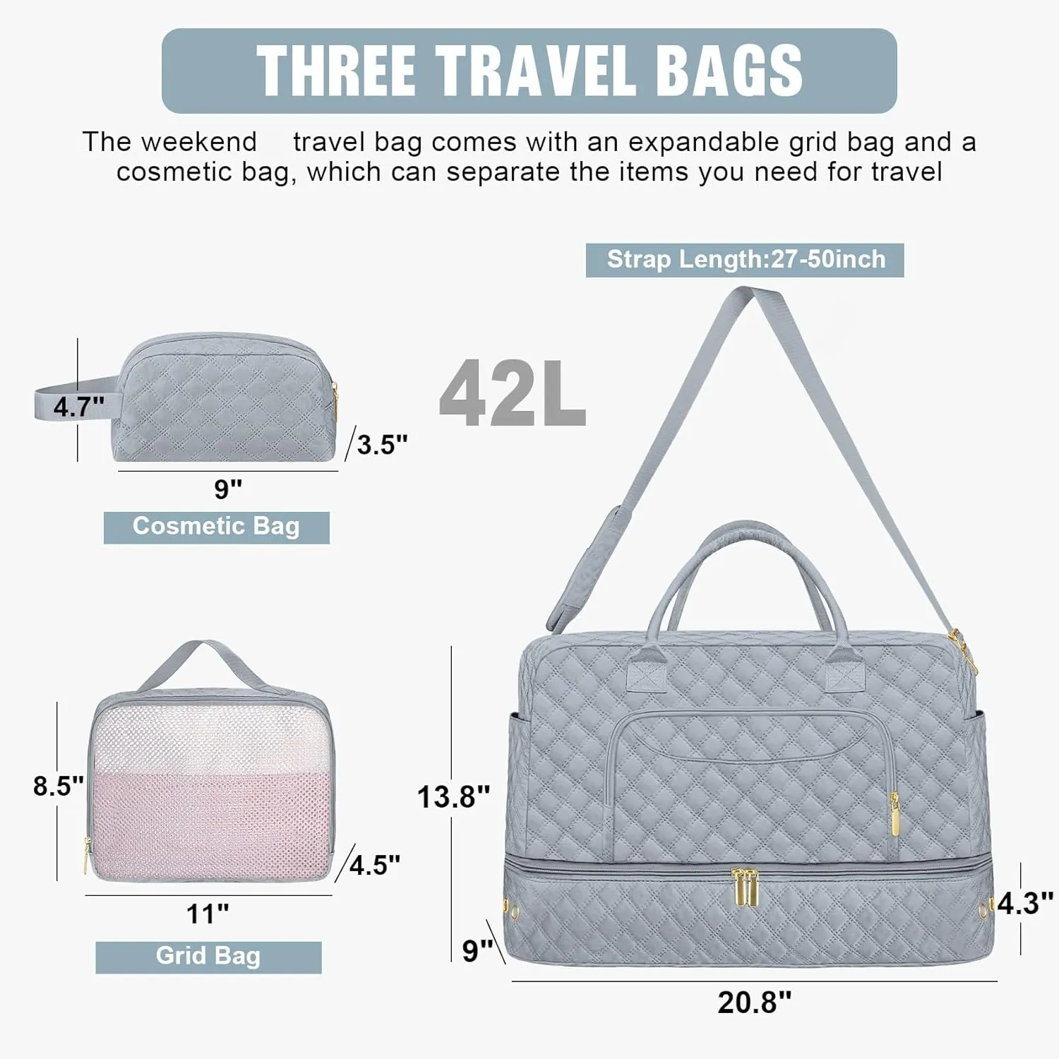 3 Pack Travel Duffle Bag, Weekend Bags for Women with Shoe Compartment, Large Toiletry Personal Item Travel Carry on Bags with Wet Pocket, Gym Overnight Hospital Bag for Delivery Business Grey
