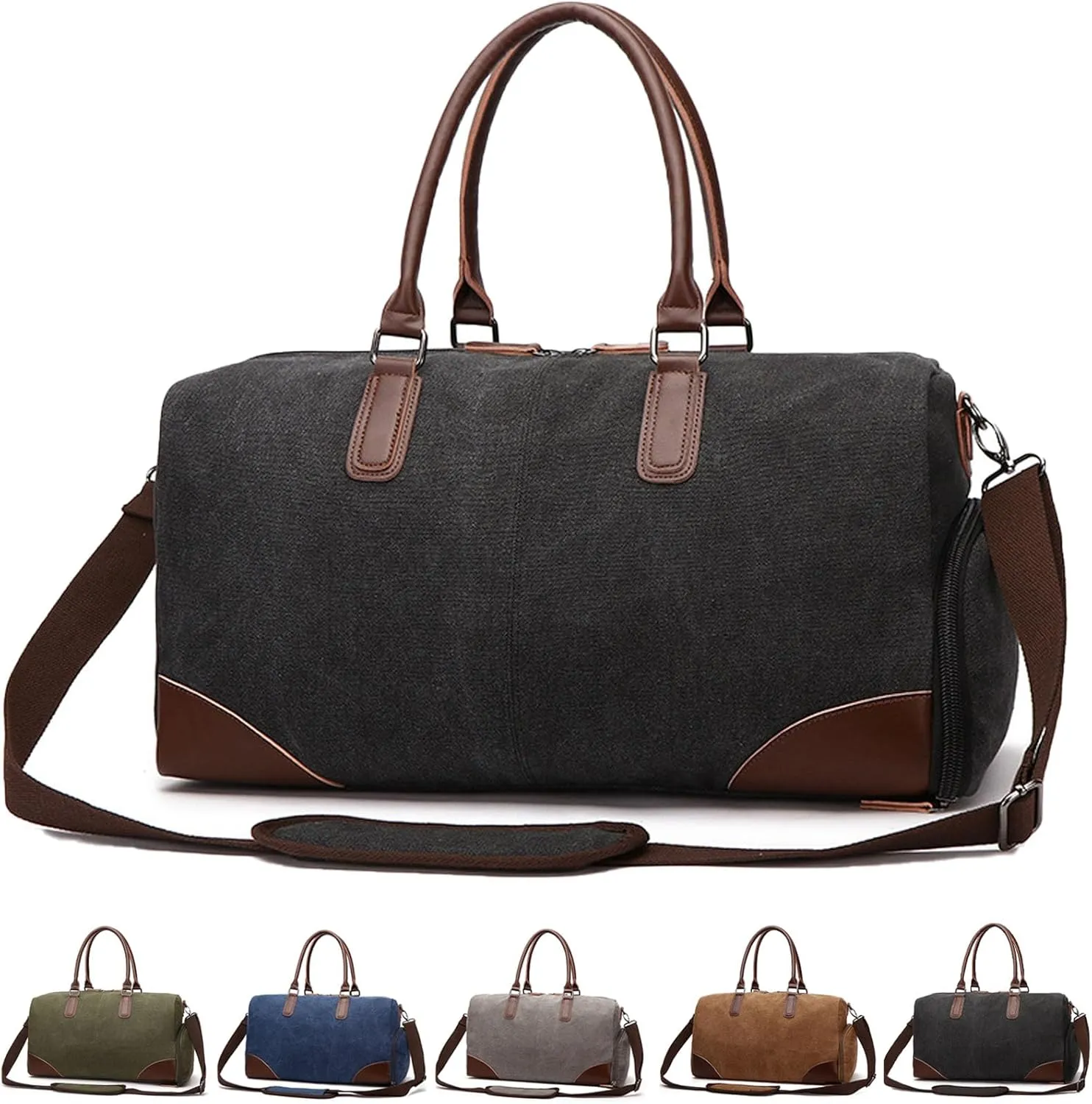 55L Large Sports Travel Duffle Bag for Men,Canvas Leather Weekender Overnight Bag with Shoes Compartment,Vintage Carry on Duffel Bag (black)