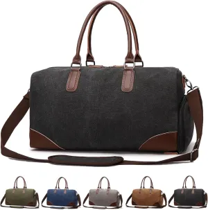 55L Large Sports Travel Duffle Bag for Men,Canvas Leather Weekender Overnight Bag with Shoes Compartment,Vintage Carry on Duffel Bag (black)