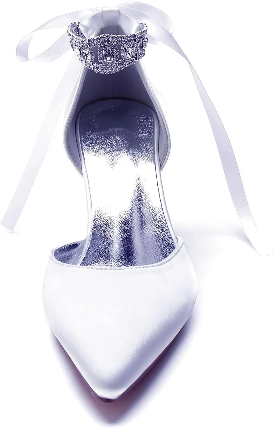 8CM Women's Bridal Stiletto Heel Wedding Crystal Ankle Strap Sandal Shoes Zipper Back Pumps Satin Pointed Toe Formal Party Prom Evening