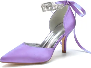 8CM Women's Bridal Stiletto Heel Wedding Crystal Ankle Strap Sandal Shoes Zipper Back Pumps Satin Pointed Toe Formal Party Prom Evening