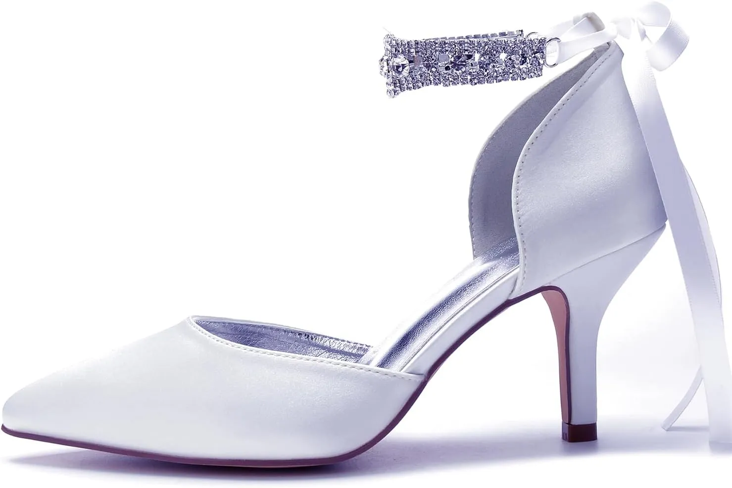 8CM Women's Bridal Stiletto Heel Wedding Crystal Ankle Strap Sandal Shoes Zipper Back Pumps Satin Pointed Toe Formal Party Prom Evening