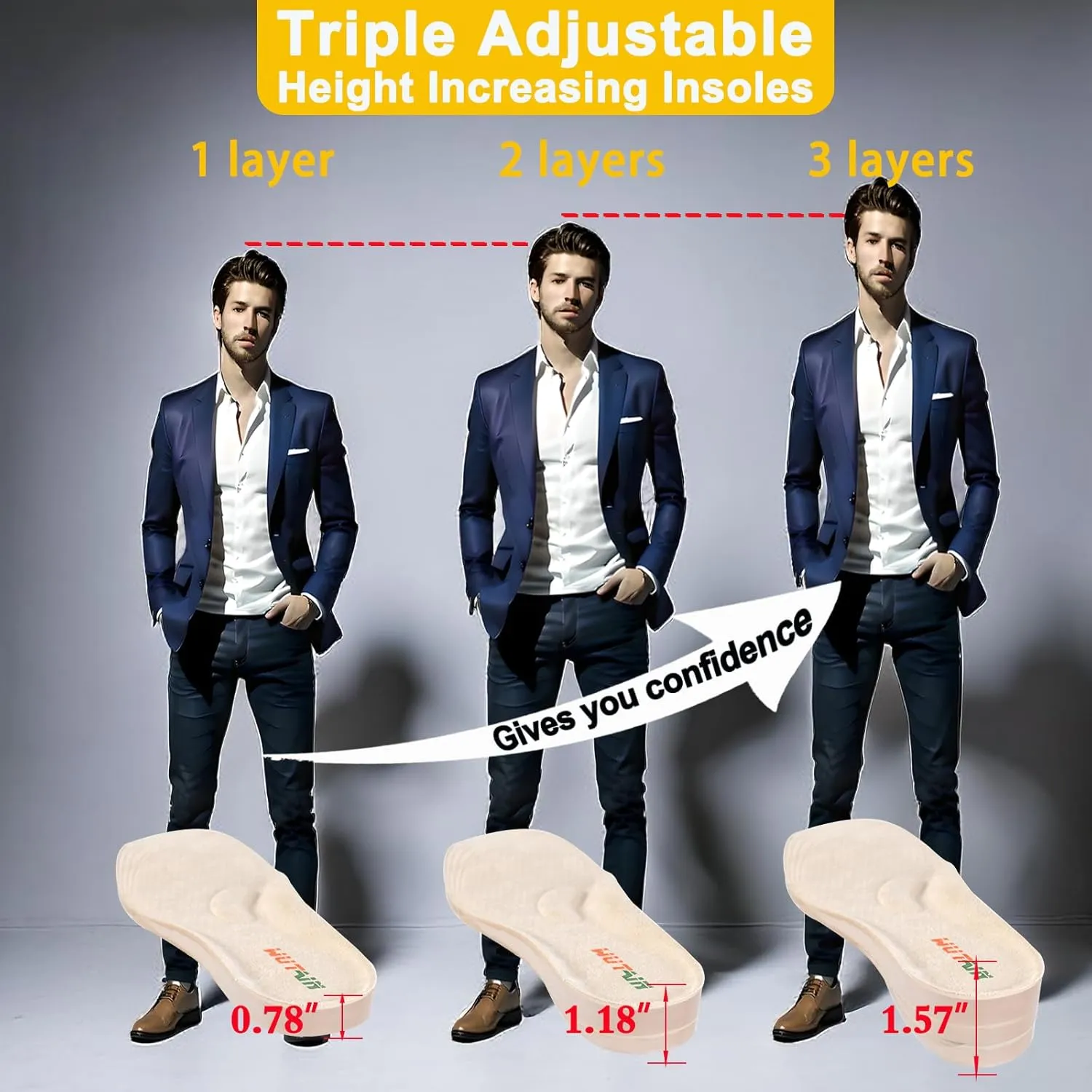Adjustable Height Increase Insoles for Women Men 3 Layers Gel Heel Lift for Leg Length Discrepancy,Heel Pain,Spurs,Achilles Tendinitis, Shoe Lifts Increase by 1.57 Inches （1 Pair Small）