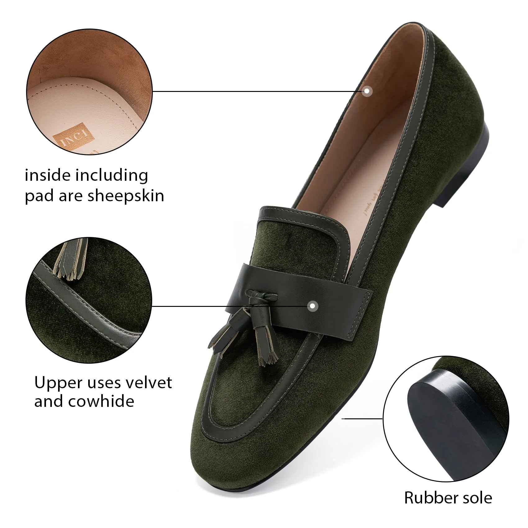 AiciBerllucci  Women's Loafer Shoes Casual   Dark Green  Velvet Flat Shoes for Women Ladies Tassel