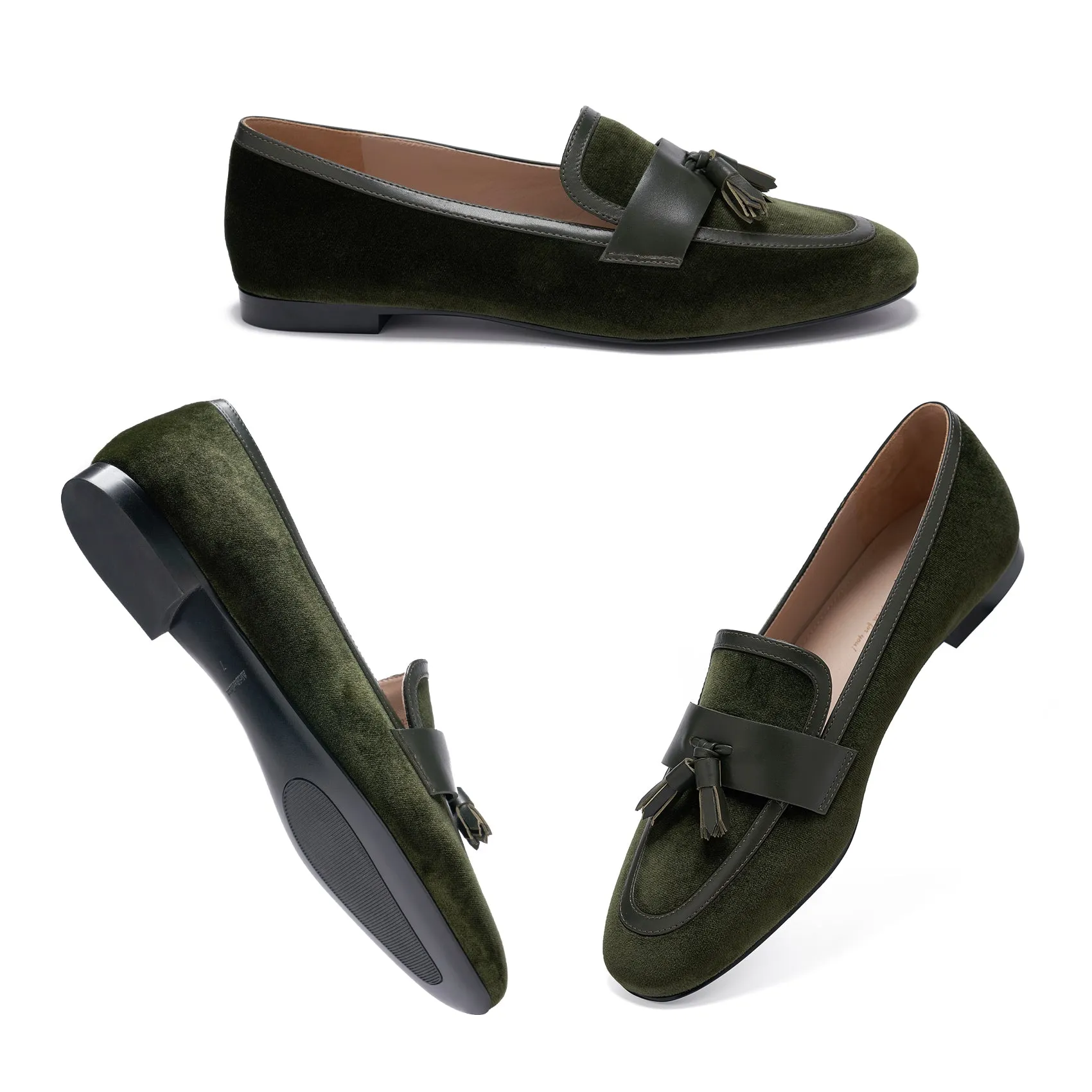 AiciBerllucci  Women's Loafer Shoes Casual   Dark Green  Velvet Flat Shoes for Women Ladies Tassel