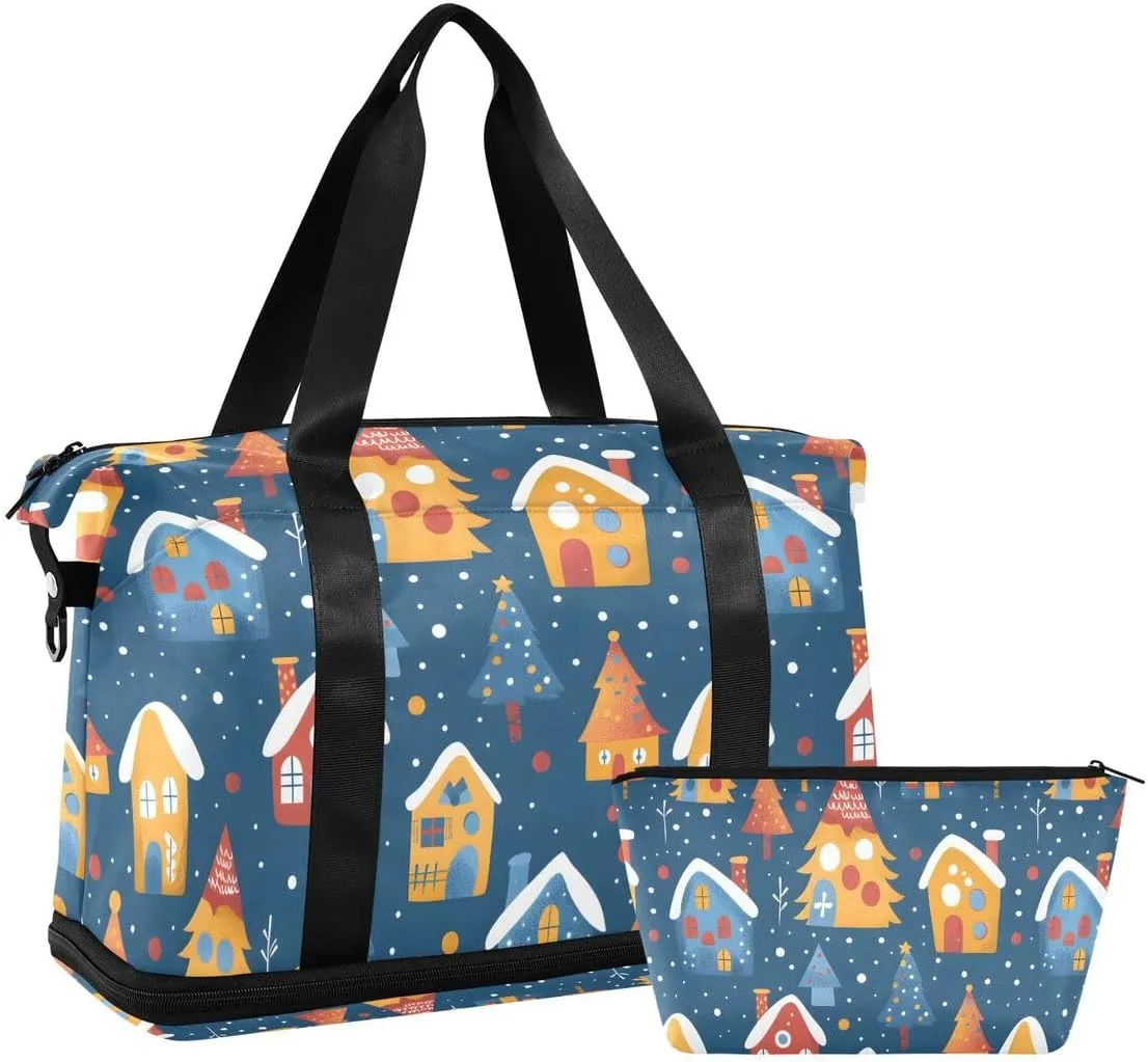 ALAZA Christmas House Pine Tree Winter Duffel Bag with Shoe Compartment Tote Bag Weekender Overnight Bag with Wet Pocket for Travel,Gym,Yoga,Swimming