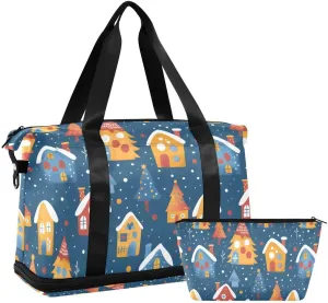 ALAZA Christmas House Pine Tree Winter Duffel Bag with Shoe Compartment Tote Bag Weekender Overnight Bag with Wet Pocket for Travel,Gym,Yoga,Swimming
