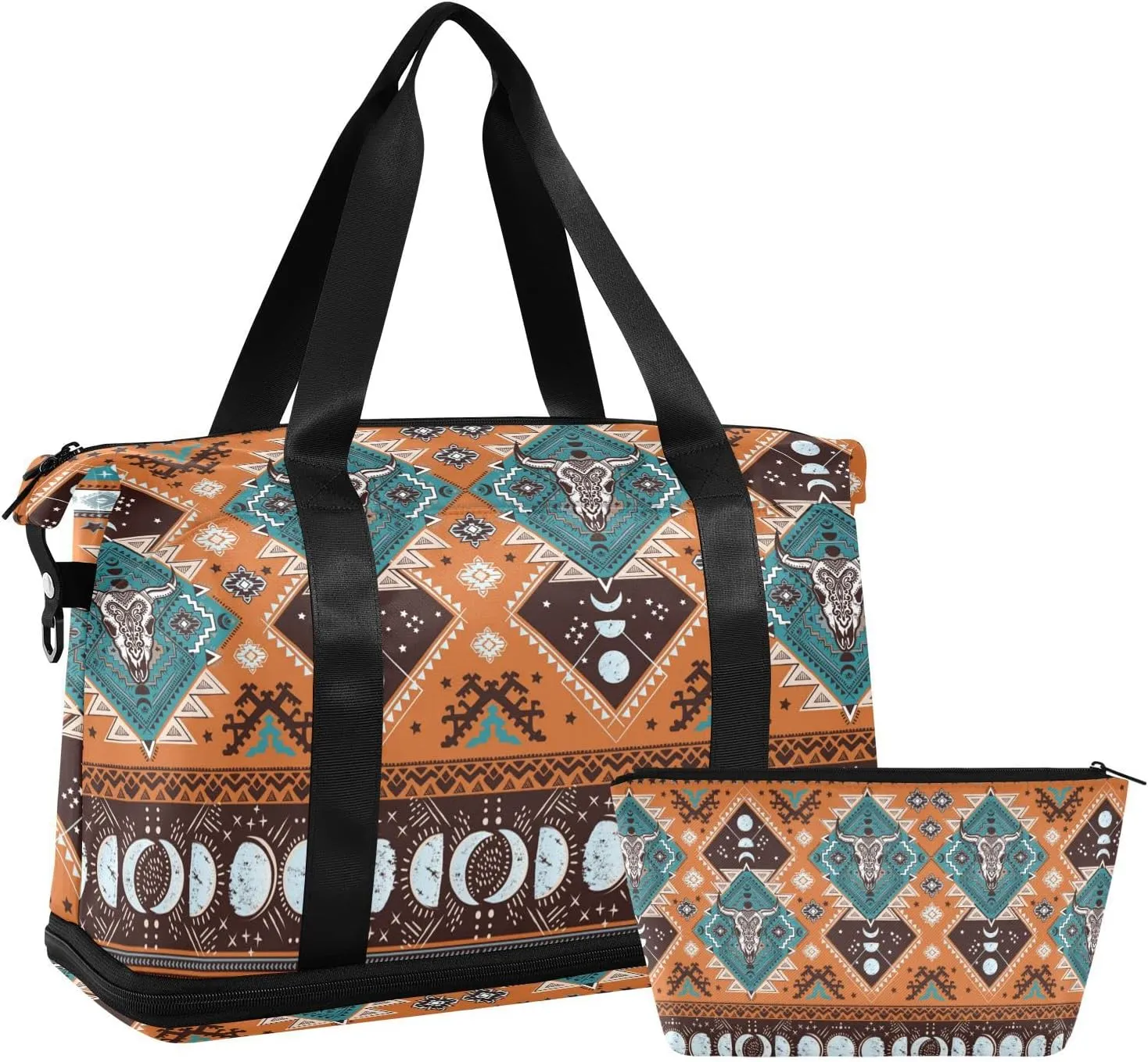 ALAZA Indian Tribal Aztec Geometric Skulls Gym Bag Sports Duffel Bag with Shoes Compartment, Overnight Weekender Travel Tote Bag for Women Men Trip College