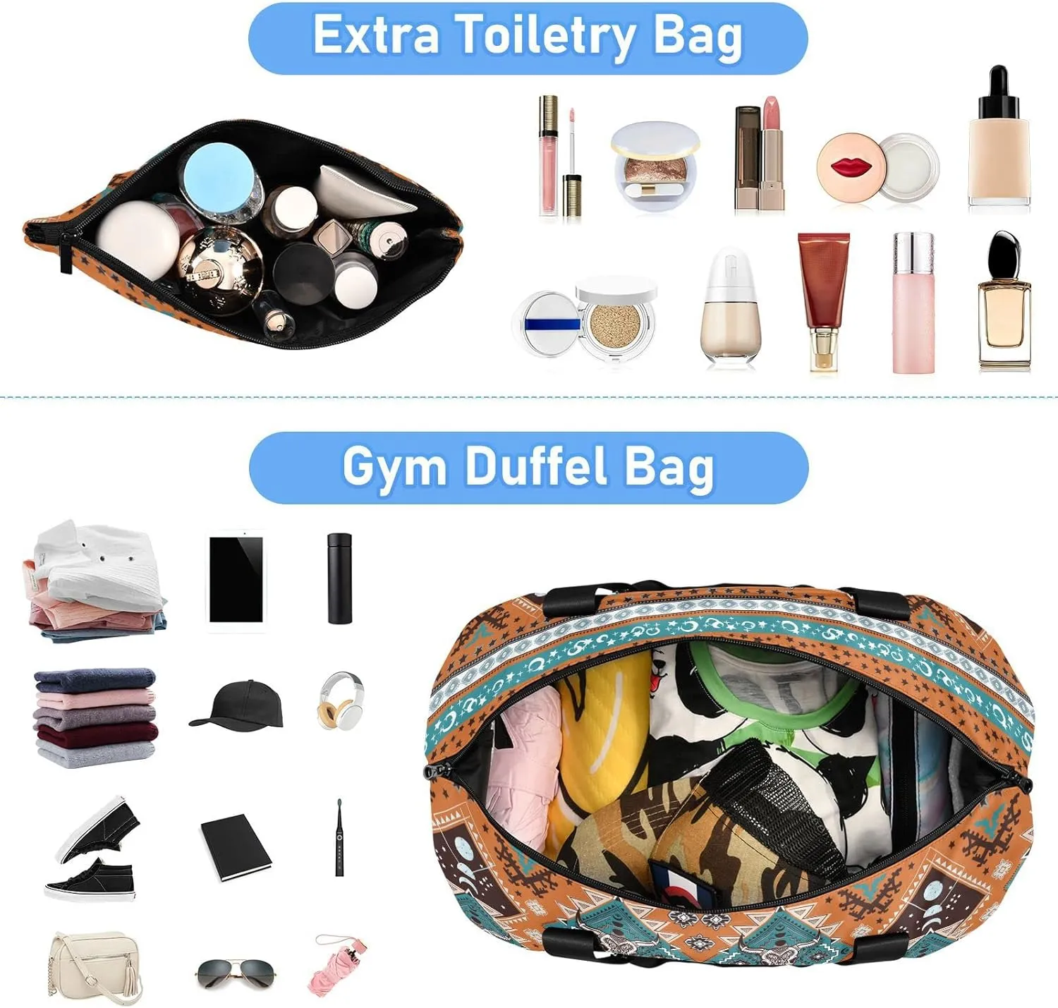 ALAZA Indian Tribal Aztec Geometric Skulls Gym Bag Sports Duffel Bag with Shoes Compartment, Overnight Weekender Travel Tote Bag for Women Men Trip College