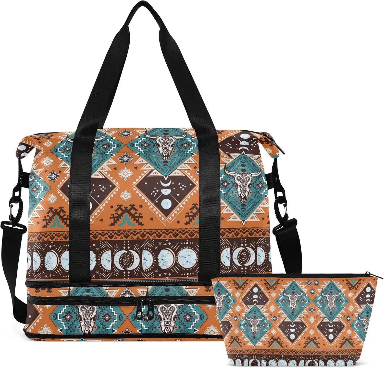 ALAZA Indian Tribal Aztec Geometric Skulls Gym Bag Sports Duffel Bag with Shoes Compartment, Overnight Weekender Travel Tote Bag for Women Men Trip College