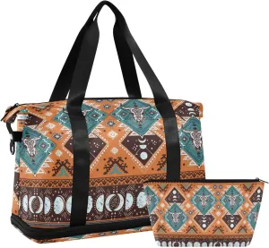 ALAZA Indian Tribal Aztec Geometric Skulls Gym Bag Sports Duffel Bag with Shoes Compartment, Overnight Weekender Travel Tote Bag for Women Men Trip College