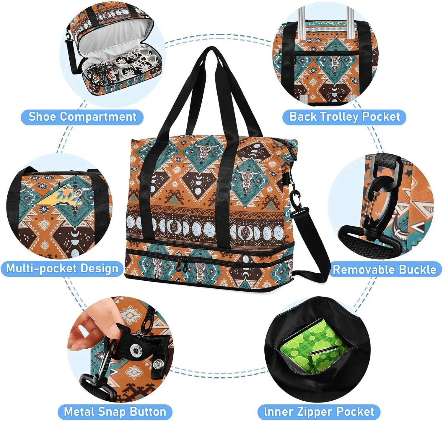 ALAZA Indian Tribal Aztec Geometric Skulls Gym Bag Sports Duffel Bag with Shoes Compartment, Overnight Weekender Travel Tote Bag for Women Men Trip College