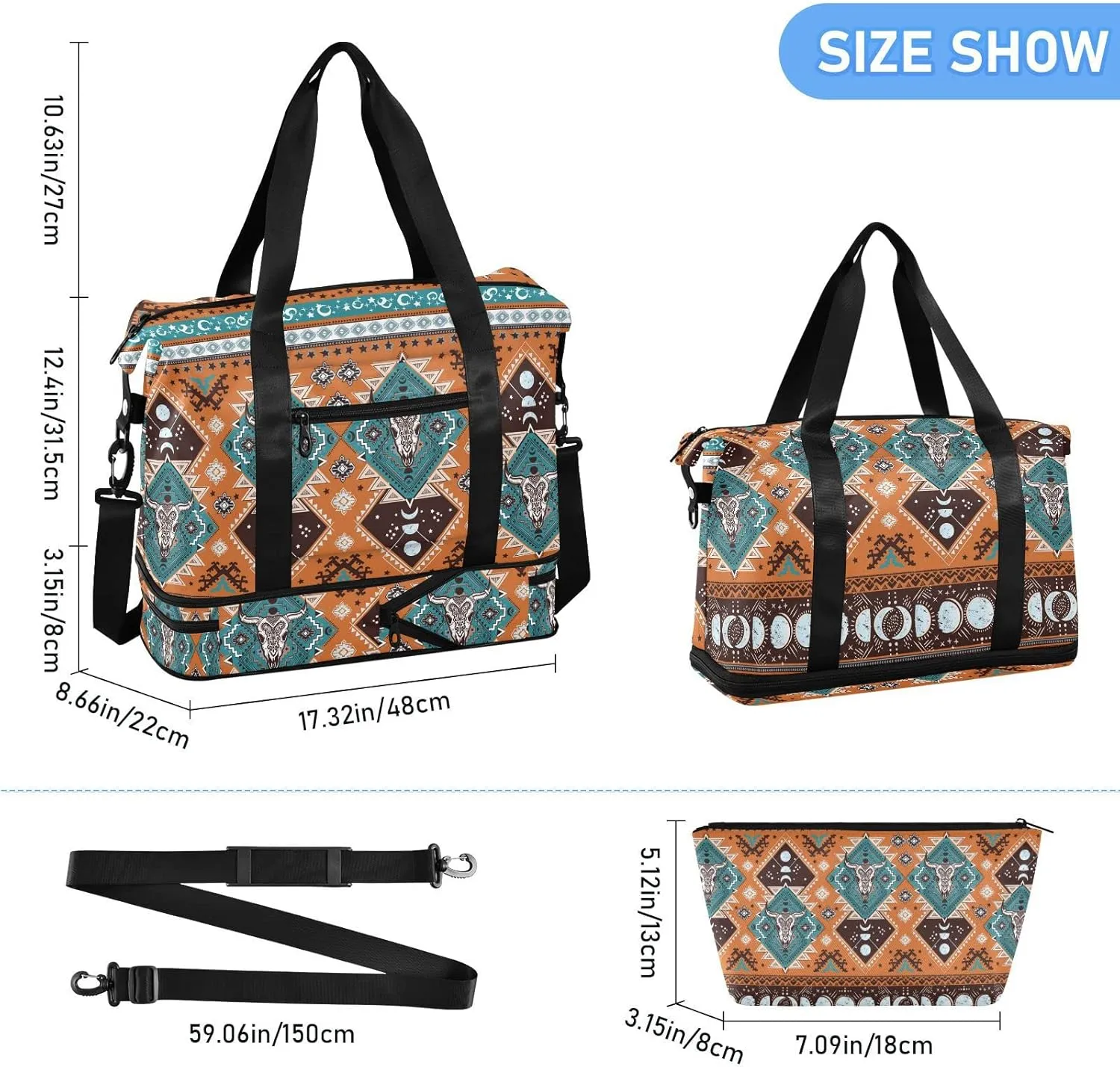 ALAZA Indian Tribal Aztec Geometric Skulls Gym Bag Sports Duffel Bag with Shoes Compartment, Overnight Weekender Travel Tote Bag for Women Men Trip College