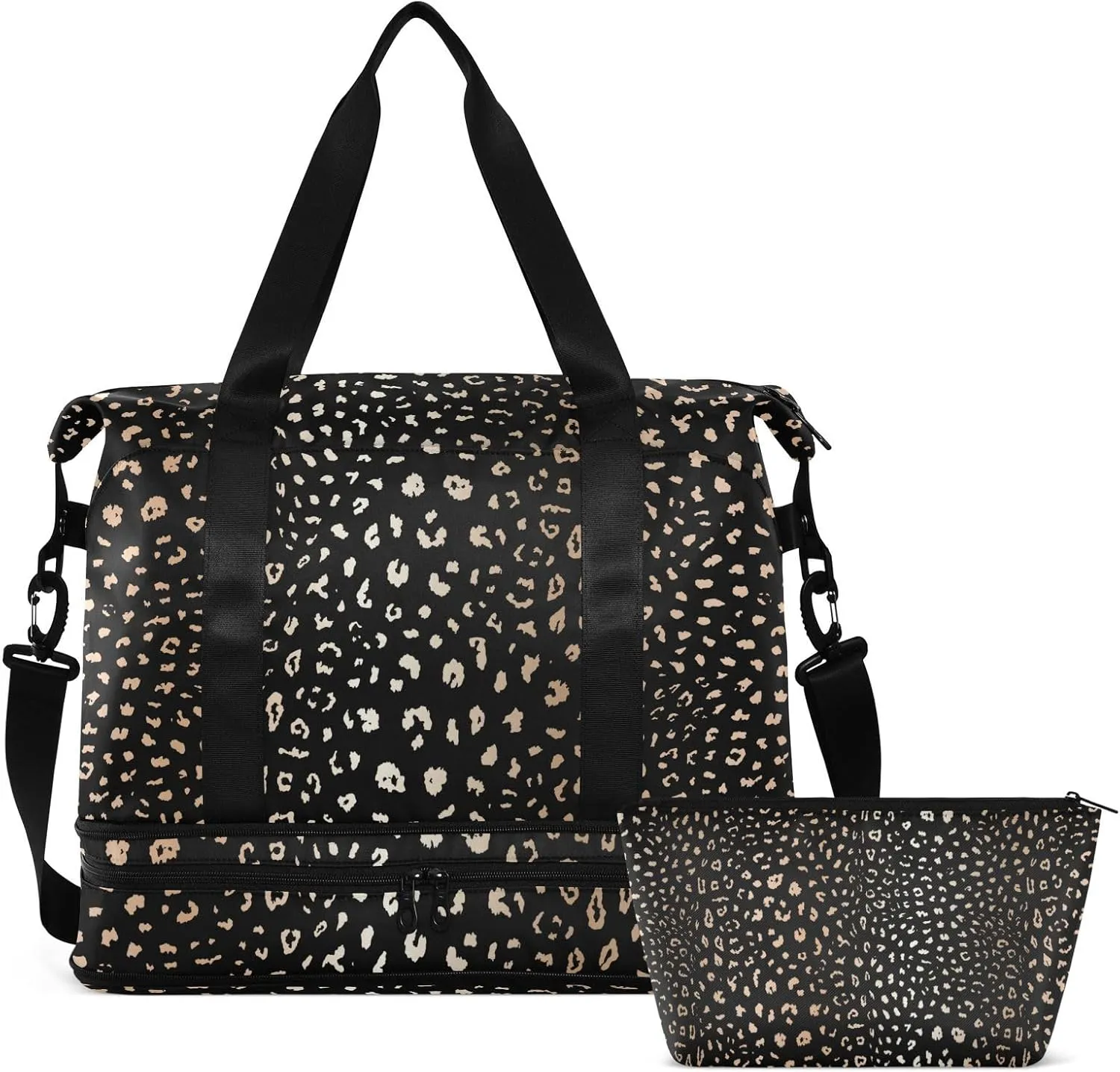 ALAZA Leopard Spot on Black Background Gym Bag Sports Duffel Bag with Shoes Compartment, Overnight Weekender Travel Tote Bag for Women Men Trip College