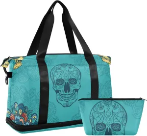 ALAZA Sweet Skulls Gym Bag Sports Duffel Bag with Shoes Compartment, Overnight Weekender Travel Tote Bag for Women Men Trip College