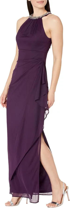 Alex Evenings Women's Long Formal Stretch Mesh Beaded Halter Neck Dress