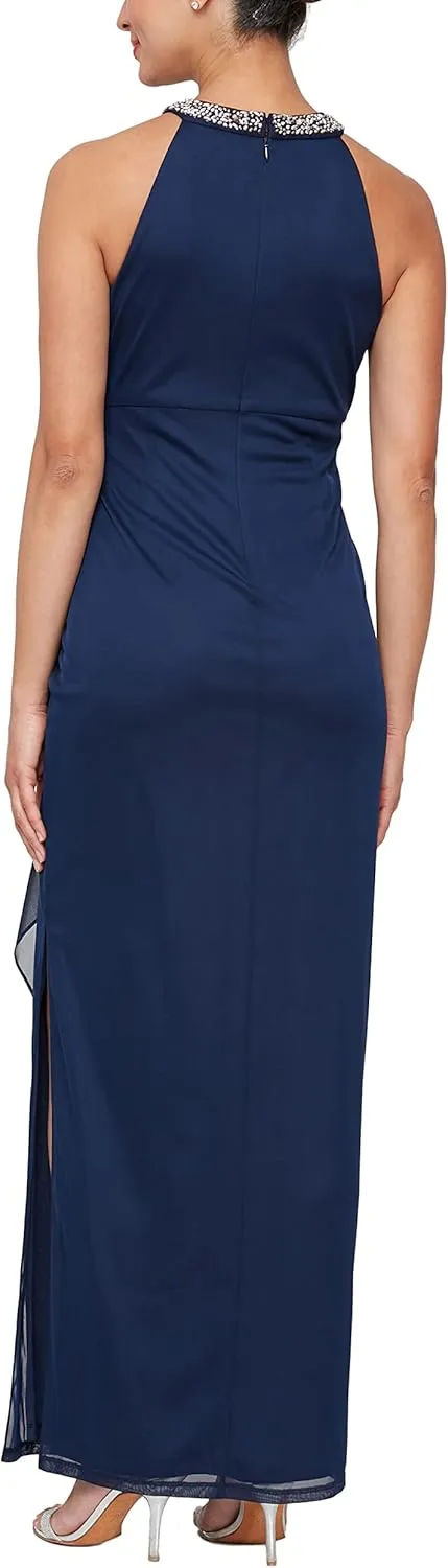 Alex Evenings Women's Long Formal Stretch Mesh Beaded Halter Neck Dress