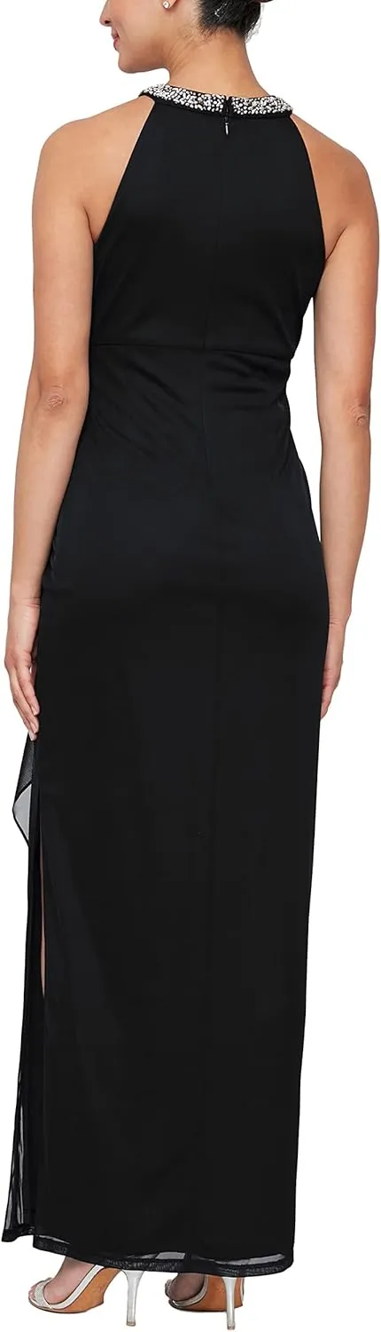 Alex Evenings Women's Long Formal Stretch Mesh Beaded Halter Neck Dress