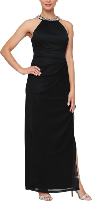 Alex Evenings Women's Long Formal Stretch Mesh Beaded Halter Neck Dress