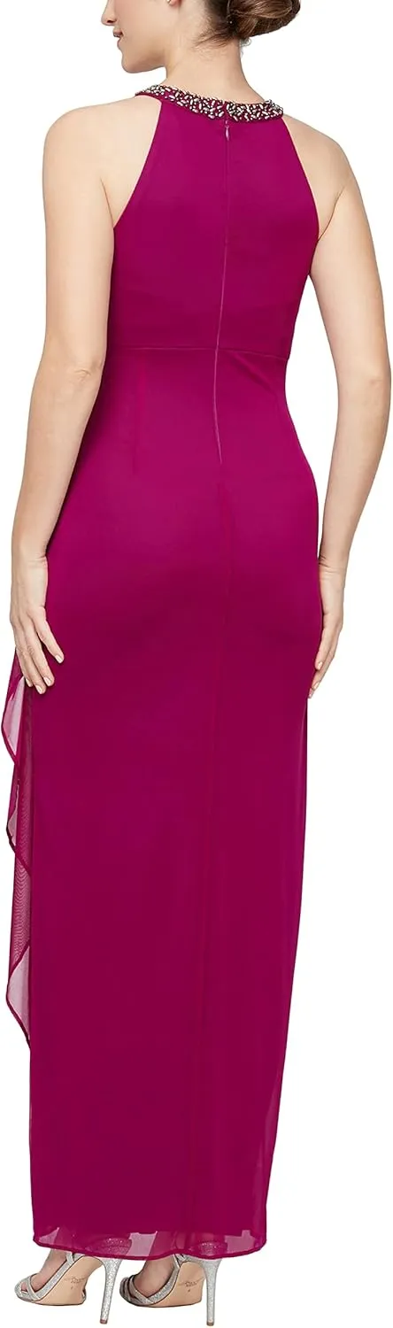 Alex Evenings Women's Long Formal Stretch Mesh Beaded Halter Neck Dress