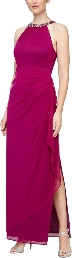 Alex Evenings Women's Long Formal Stretch Mesh Beaded Halter Neck Dress
