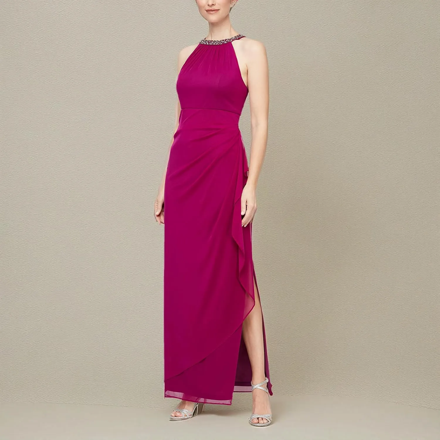 Alex Evenings Women's Long Formal Stretch Mesh Beaded Halter Neck Dress