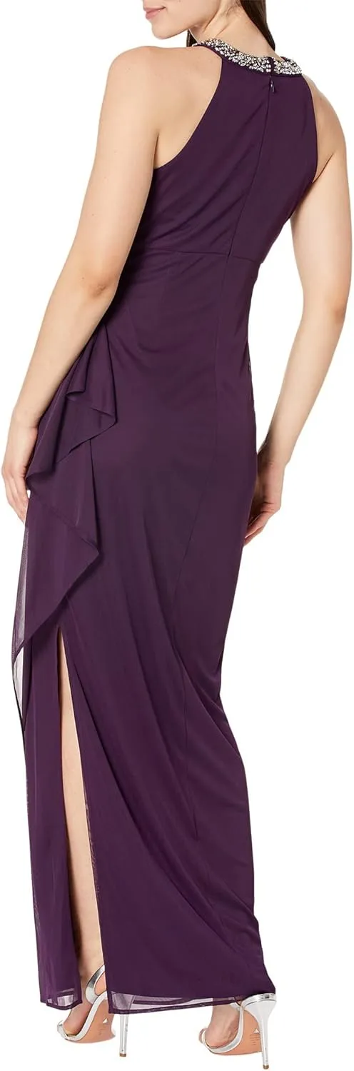 Alex Evenings Women's Long Formal Stretch Mesh Beaded Halter Neck Dress