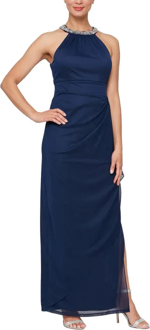 Alex Evenings Women's Long Formal Stretch Mesh Beaded Halter Neck Dress