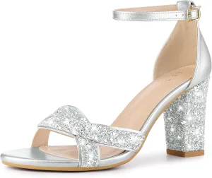 Allegra K Women's Glitter Ankle Strap High Chunky Heel Sandals