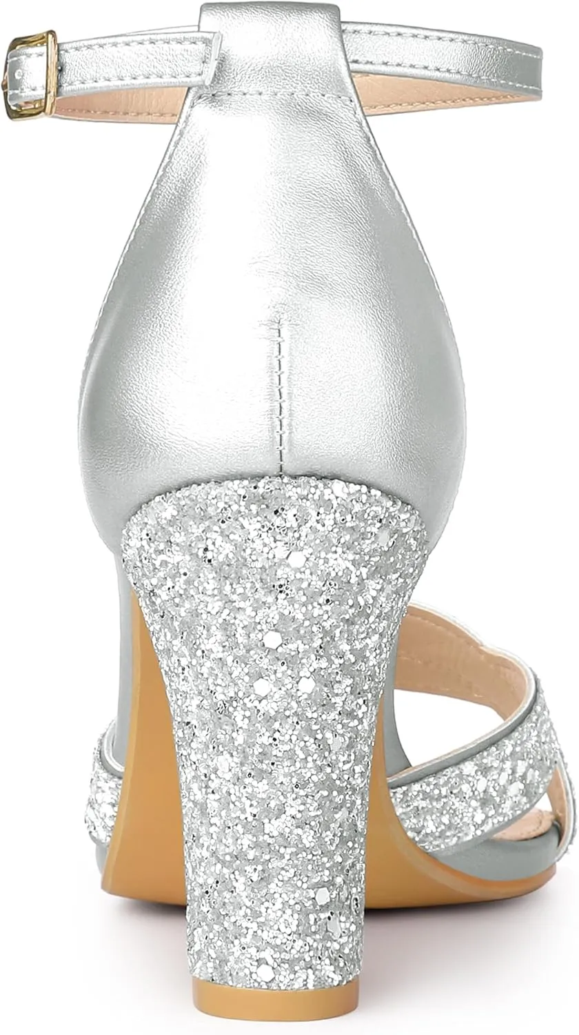 Allegra K Women's Glitter Ankle Strap High Chunky Heel Sandals