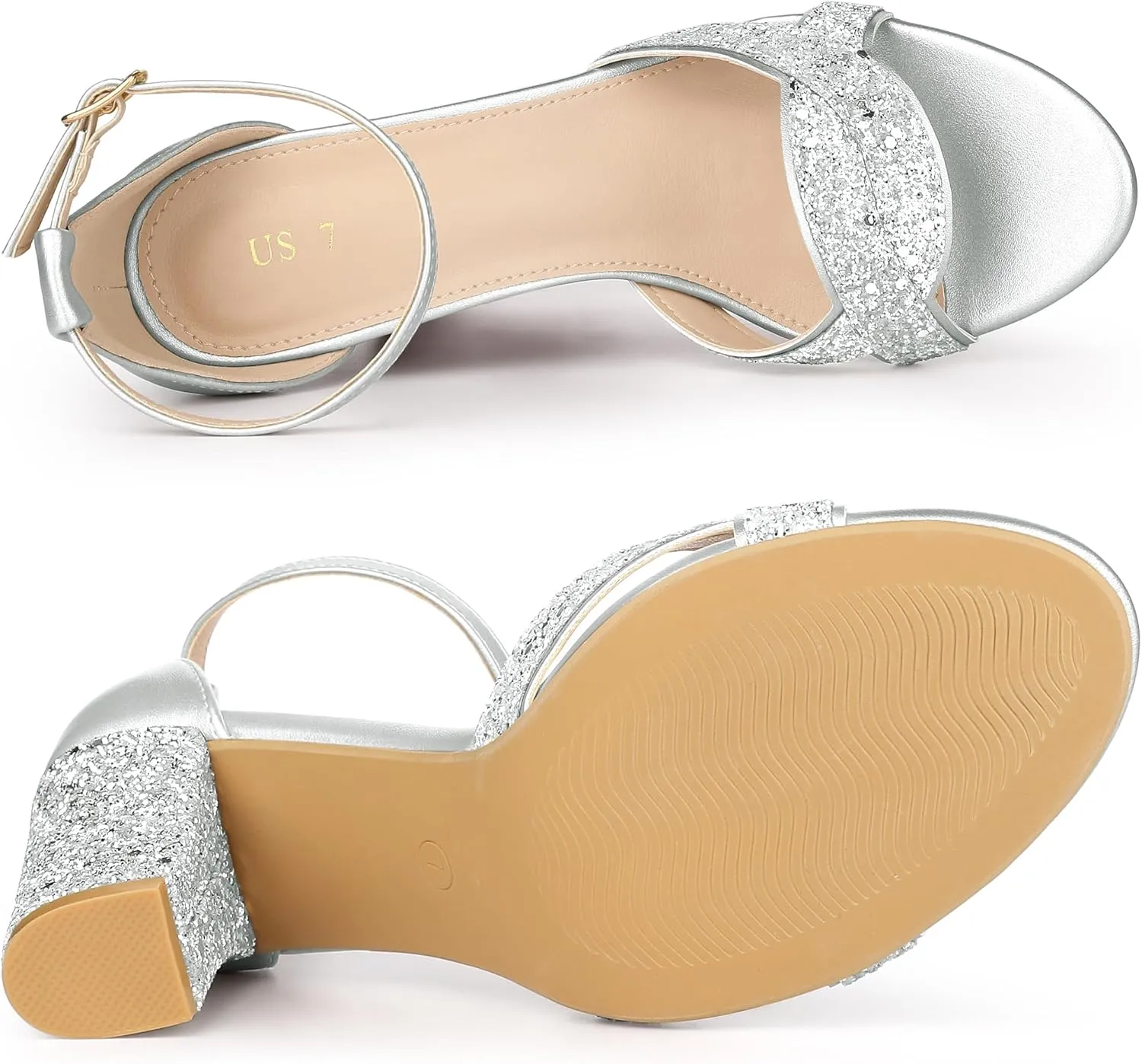 Allegra K Women's Glitter Ankle Strap High Chunky Heel Sandals