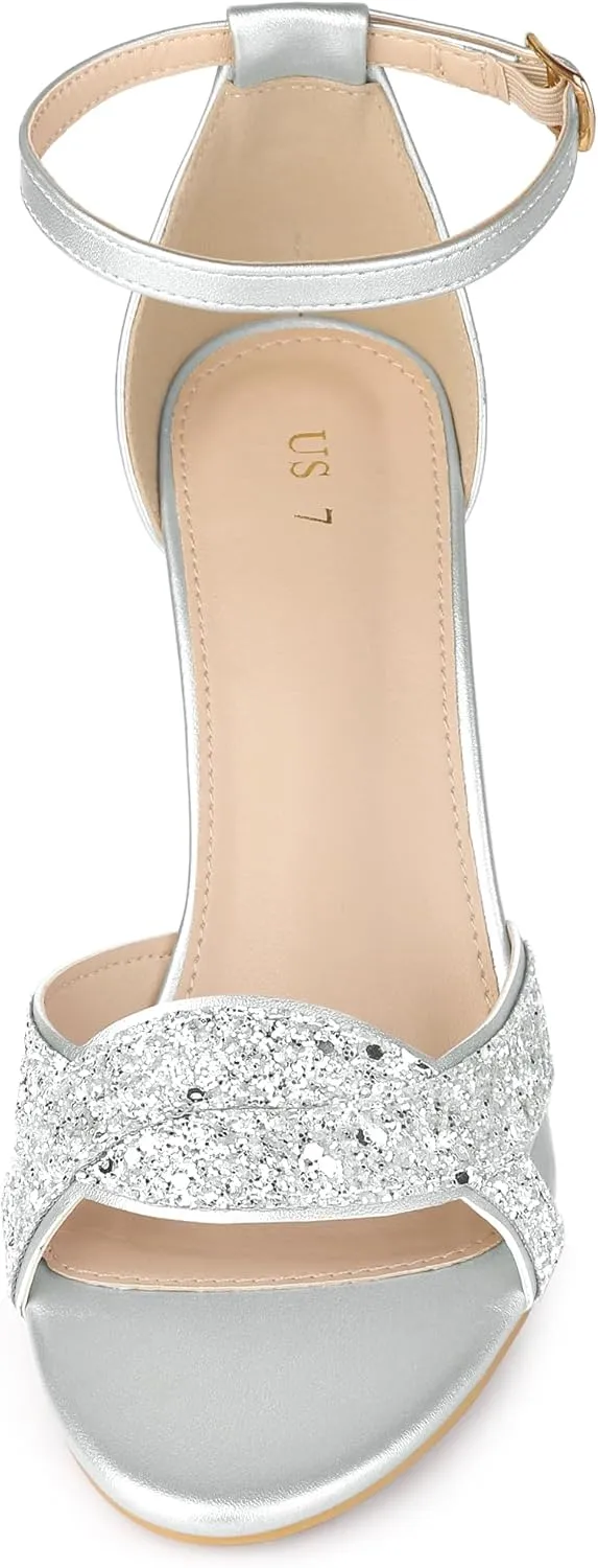 Allegra K Women's Glitter Ankle Strap High Chunky Heel Sandals