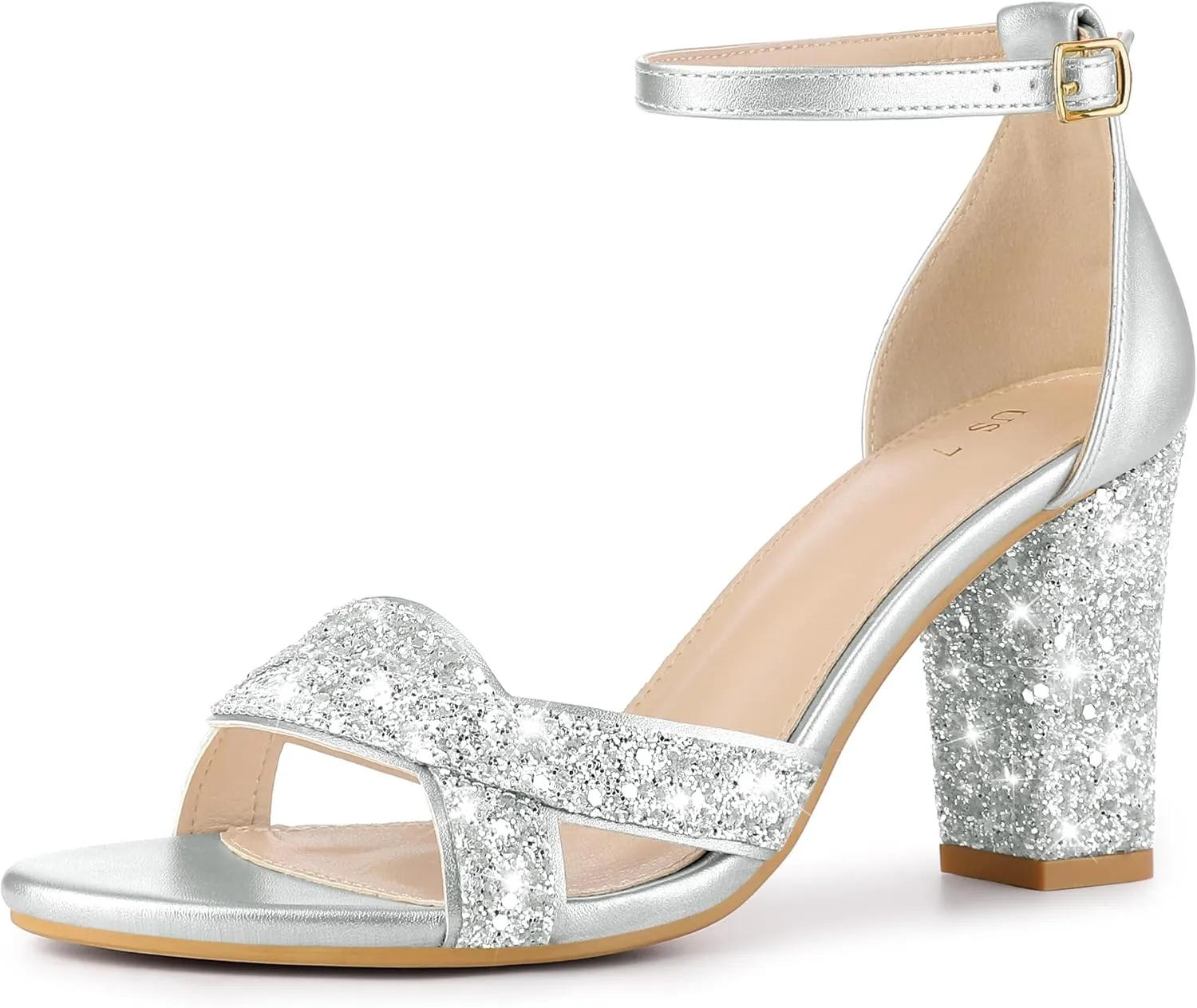 Allegra K Women's Glitter Ankle Strap High Chunky Heel Sandals