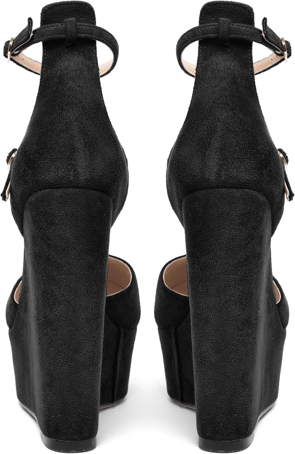 AMBELIGHT Womens Platform Round Toe Ankle Strap Solid Buckle Dress Suede Wedding Wedge High Heel Pumps Shoes 6 Inch
