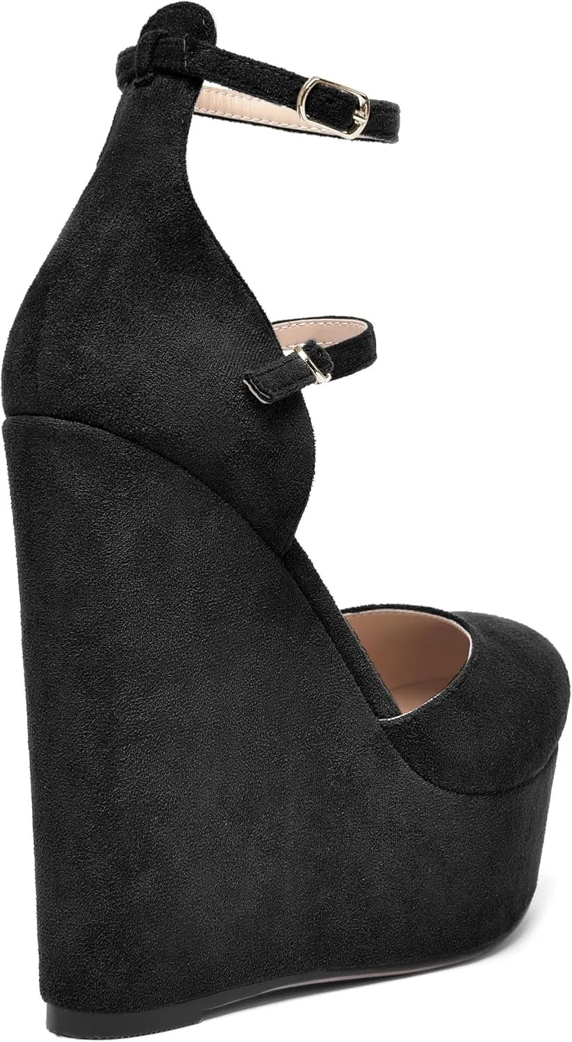 AMBELIGHT Womens Platform Round Toe Ankle Strap Solid Buckle Dress Suede Wedding Wedge High Heel Pumps Shoes 6 Inch