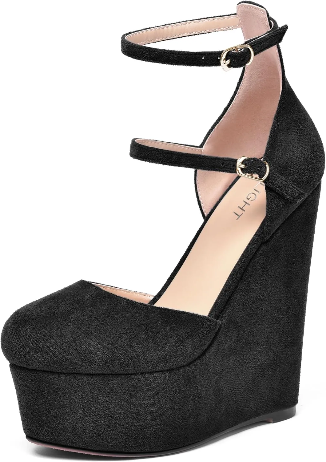 AMBELIGHT Womens Platform Round Toe Ankle Strap Solid Buckle Dress Suede Wedding Wedge High Heel Pumps Shoes 6 Inch