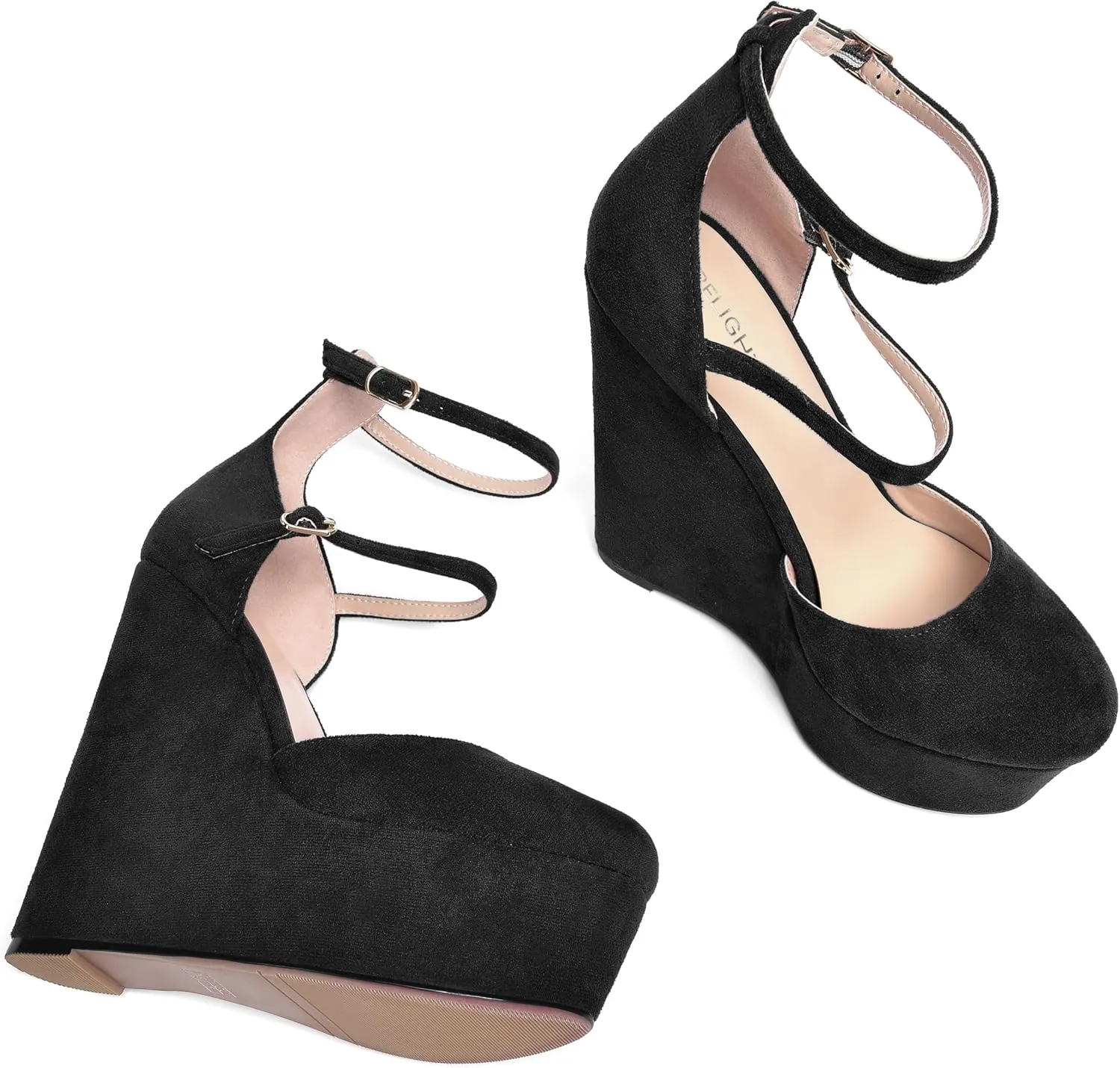 AMBELIGHT Womens Platform Round Toe Ankle Strap Solid Buckle Dress Suede Wedding Wedge High Heel Pumps Shoes 6 Inch