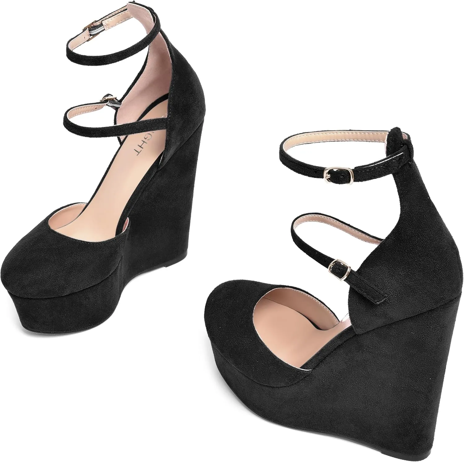 AMBELIGHT Womens Platform Round Toe Ankle Strap Solid Buckle Dress Suede Wedding Wedge High Heel Pumps Shoes 6 Inch