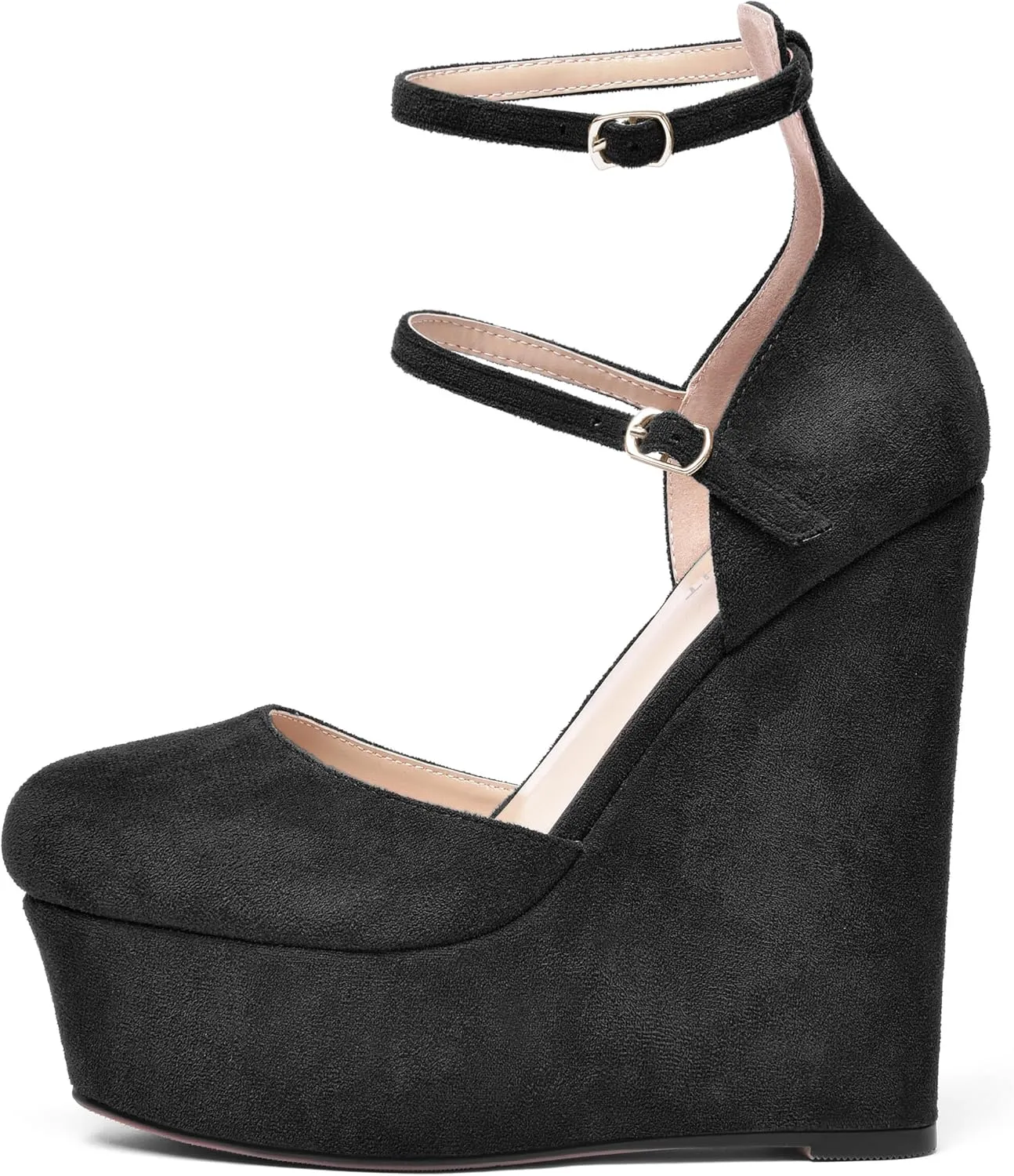 AMBELIGHT Womens Platform Round Toe Ankle Strap Solid Buckle Dress Suede Wedding Wedge High Heel Pumps Shoes 6 Inch