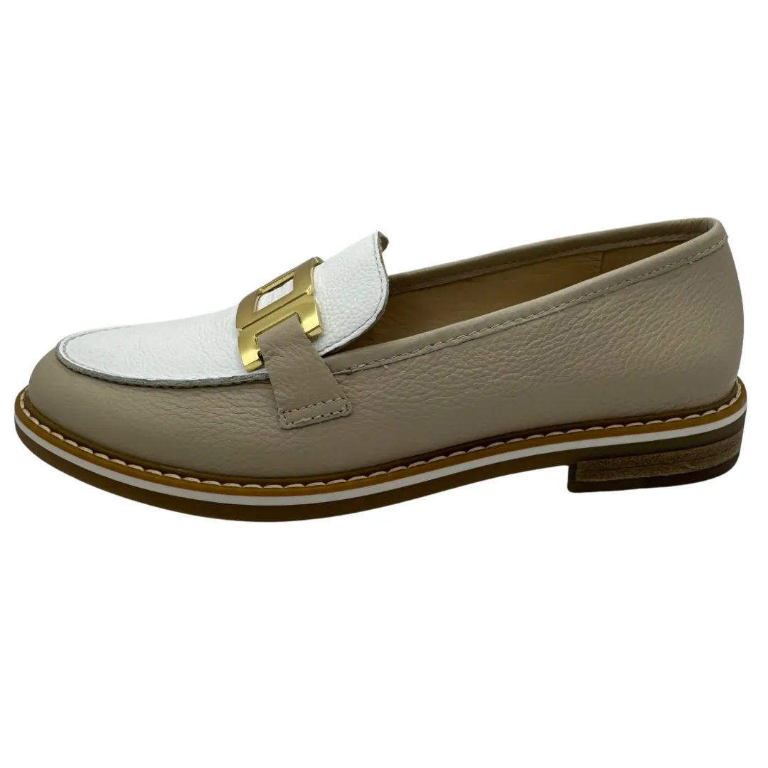 Ara Taupe & White Loafer with Gold Buckle Detail