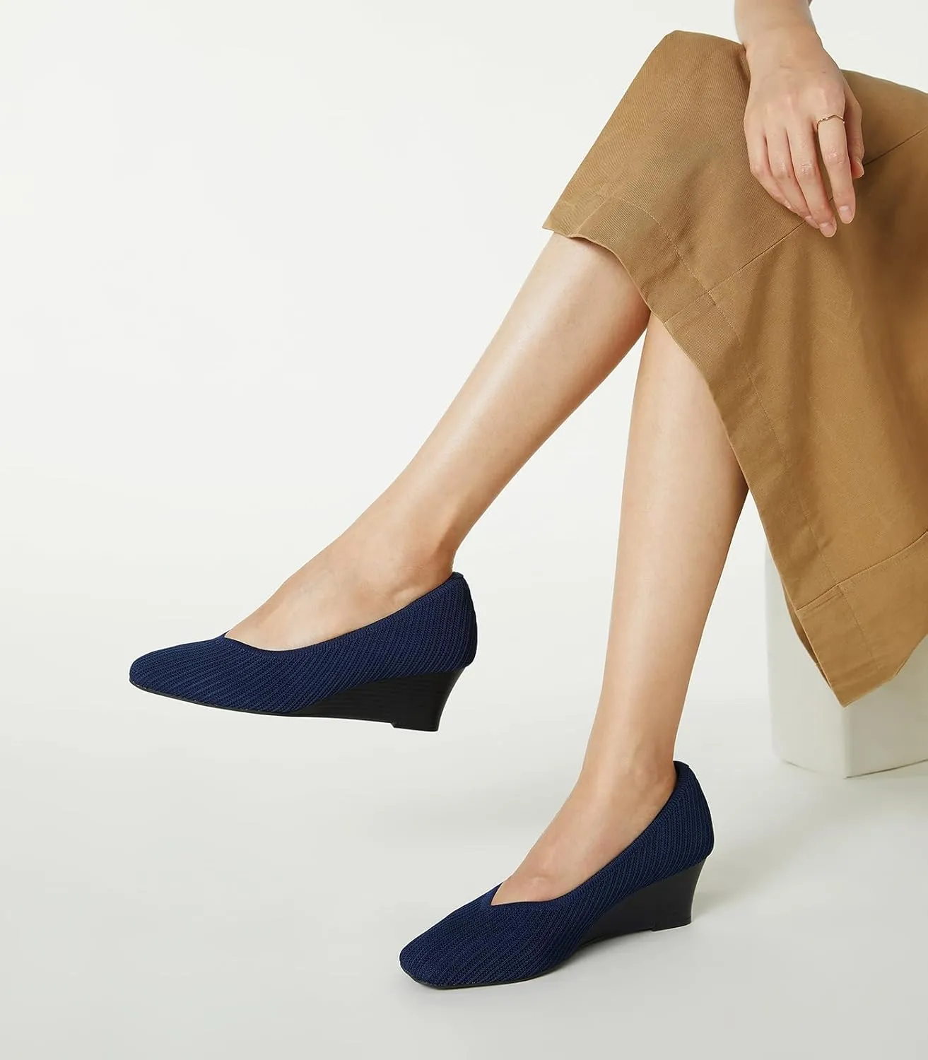 Arromic Women's Wedge Pumps Square Toe Low Wedge Heel Shoes Comfortable V-Cut Closed Toe Wide Wedges Dress Shoes for Women Work Office Casual Daily Dressy 2 inch