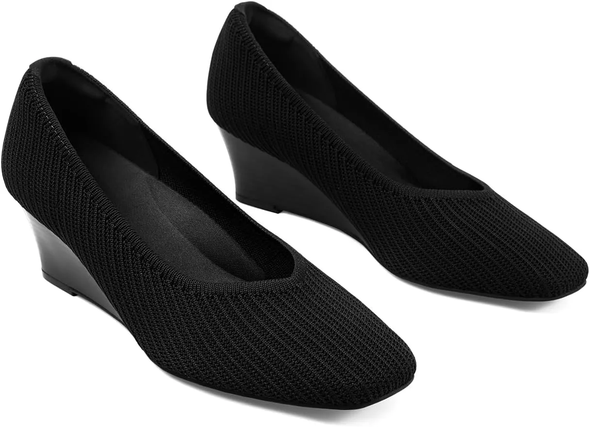 Arromic Women's Wedge Pumps Square Toe Low Wedge Heel Shoes Comfortable V-Cut Closed Toe Wide Wedges Dress Shoes for Women Work Office Casual Daily Dressy 2 inch