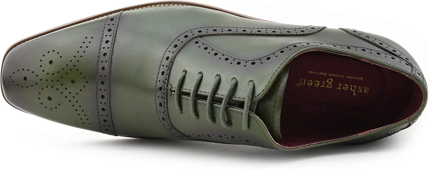 Asher Green AG114 Men's Genuine Leather Oxfords, Cap Toe, Lace Up, Brogue - Teal, Tan, Brown, Green, Grey