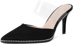 AUMOTED Women Stilettos High Heels Beaded Pumps Closed Pointed Toe Shoes Slip On 3.5 Inch Heeled Mules with PVC Official Business Shoes US Size 5-13
