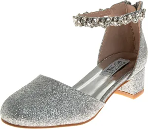 Badgley Mischka Girls Dress Block Medium Heel Party Pumps - Closed Toe Ankle Strap High Heels for Girl - Black/Silver/Champagne/Rose Gold (Sizes 11-13 Little Kid/Sizes 1-5 Big Kid)