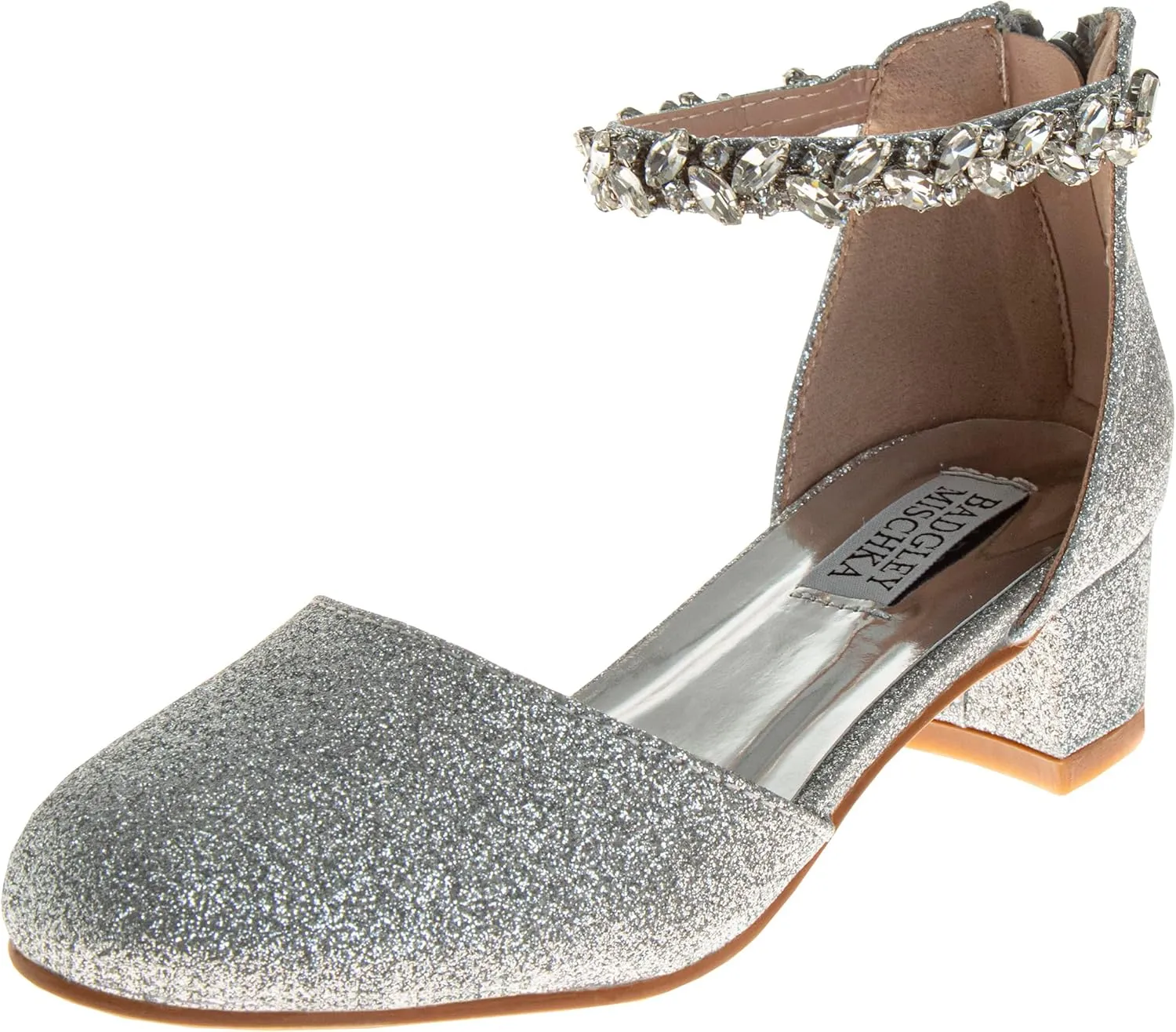 Badgley Mischka Girls Dress Block Medium Heel Party Pumps - Closed Toe Ankle Strap High Heels for Girl - Black/Silver/Champagne/Rose Gold (Sizes 11-13 Little Kid/Sizes 1-5 Big Kid)