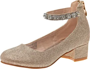 Badgley Mischka Girls Dress Block Medium Heel Party Pumps - Closed Toe Ankle Strap High Heels for Girl - Black/Silver/Champagne/Rose Gold (Sizes 11-13 Little Kid/Sizes 1-5 Big Kid)