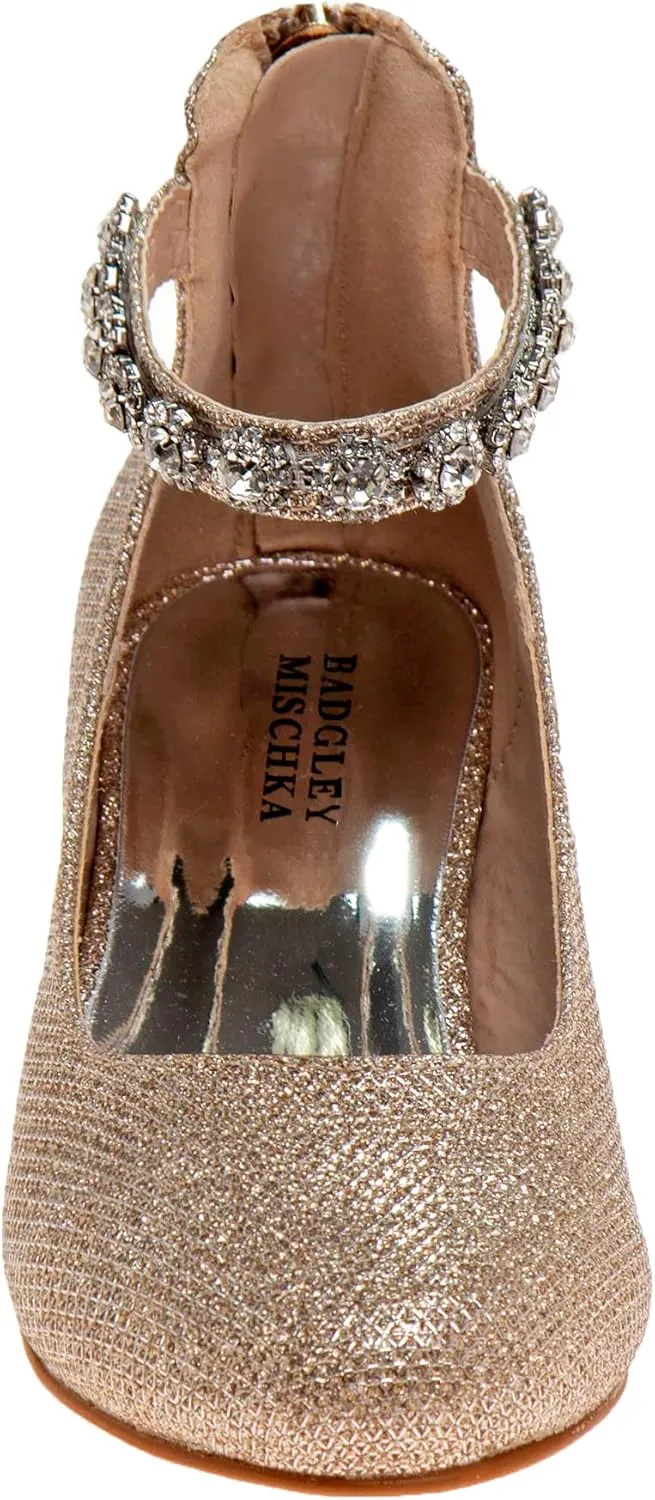 Badgley Mischka Girls Dress Block Medium Heel Party Pumps - Closed Toe Ankle Strap High Heels for Girl - Black/Silver/Champagne/Rose Gold (Sizes 11-13 Little Kid/Sizes 1-5 Big Kid)