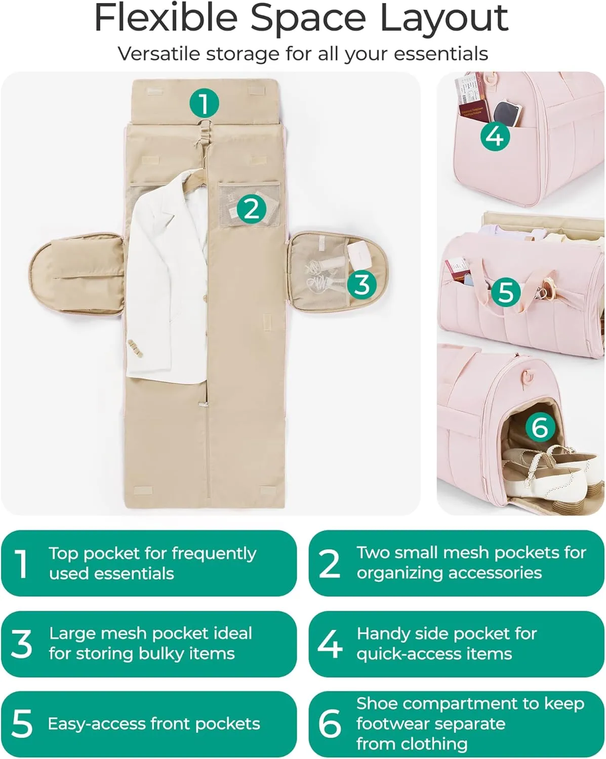 BAGSMART Garment Bags for Travel for Women Men Convertible 2 in 1 Puffy Suit Carrier for Hanging Clothes Carry on Garment Duffle Bag with Shoulder Strap, Khaki
