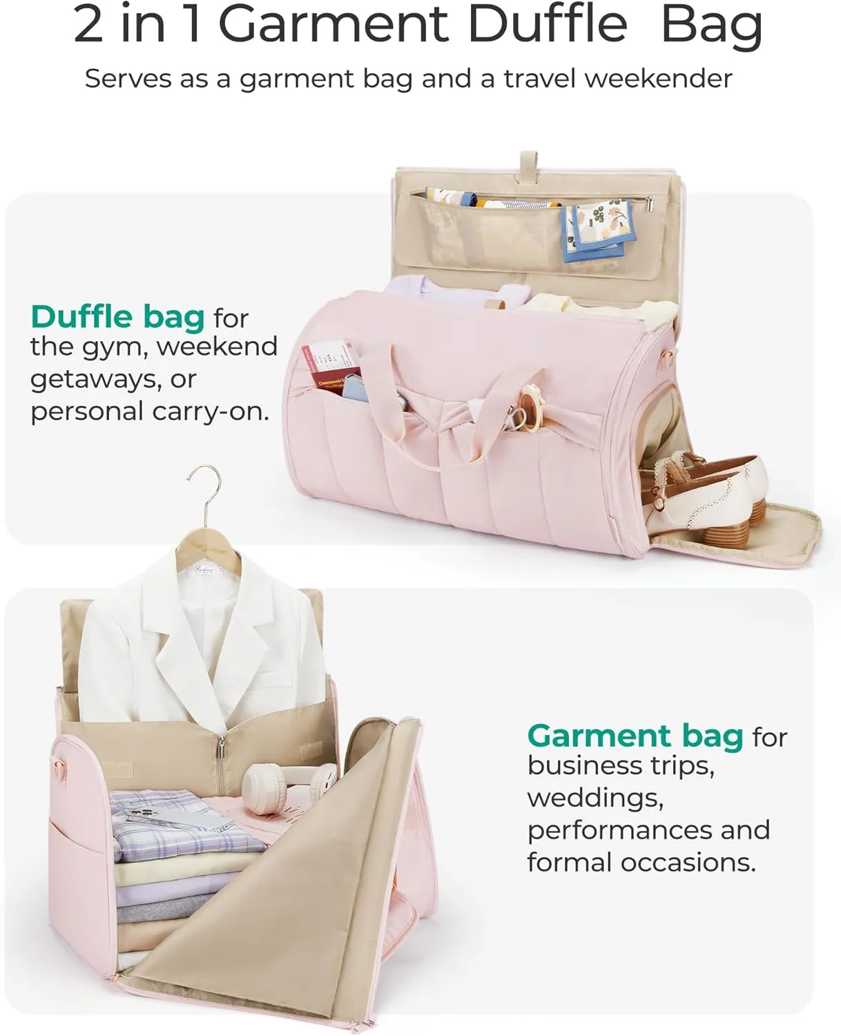 BAGSMART Garment Bags for Travel for Women Men Convertible 2 in 1 Puffy Suit Carrier for Hanging Clothes Carry on Garment Duffle Bag with Shoulder Strap, Khaki